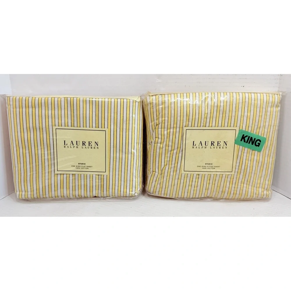 Vintage Ralph Lauren Studio King Sheet Set Yellow Stripe Flat Fitted Cotton NOS
